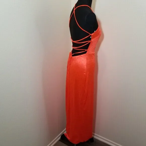 Lulus Womens Medium Coral Halter Long Dress Rhinestone HOCO Formal Prom NWT - Picture 2 of 15